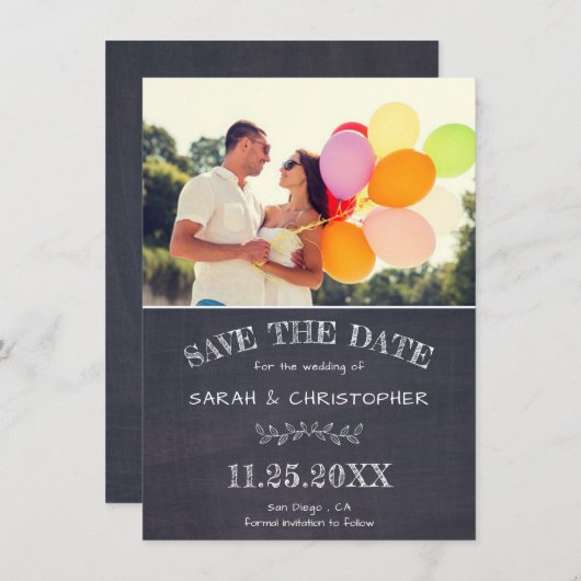 シックな黒板フォトウェディング日付カードを保存 招待状 (正面/裏面)
