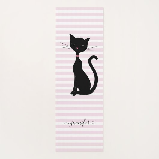 シックな黒猫パーソナライズされた名ピンクストライプの ヨガマット (裏面)