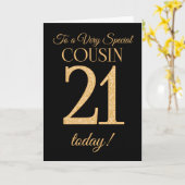 シックな21番目の金ゴールド効果のブラック、従兄弟誕生日 カード (黄色い花)