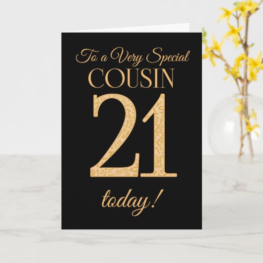 シックな21番目の金ゴールド効果のブラック、従兄弟誕生日 カード (黄色い花)