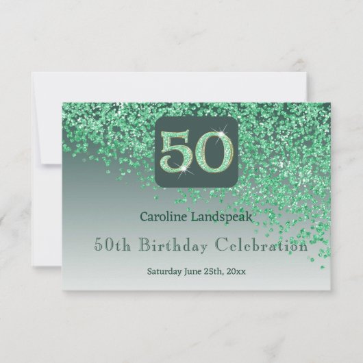 シックな50歳の誕生日グリーンラメRSVP 出欠カード (正面)