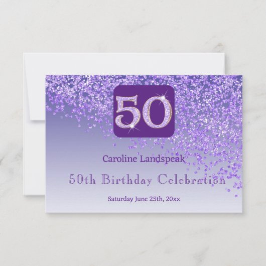 シックな50歳の誕生日パープルラメRSVP 出欠カード (正面)