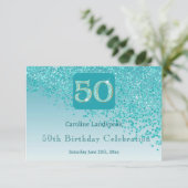 シックな50歳の誕生日 ティールブルー グリッターRSVP 出欠カード (スタンド正面)