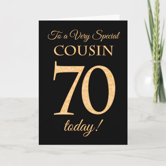 シックな70番目の金ゴールド効果にブラック、従兄弟誕生日 カード (正面)
