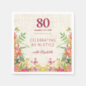 シックな80歳の誕生日を祝う大胆な花柄リネンのお祝い スタンダードカクテルナプキン (正面)