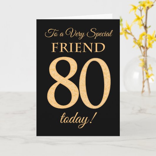 シックな80番目の金ゴールド効果のブラック、フレンド誕生日 カード (黄色い花)