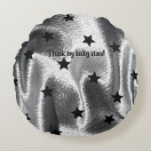 シックな「感謝していMy Lucky Stars」グレーのブラックスターコットン ラウンドクッション (正面)