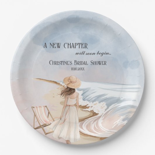 シックな「新しいチャプター」ビーチと波ブライダルシャワー ペーパープレート (正面)