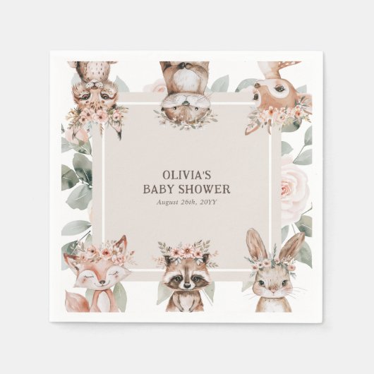 シックなBohoウッドランド動物の赤ちゃんシャワー スタンダードカクテルナプキン (正面)