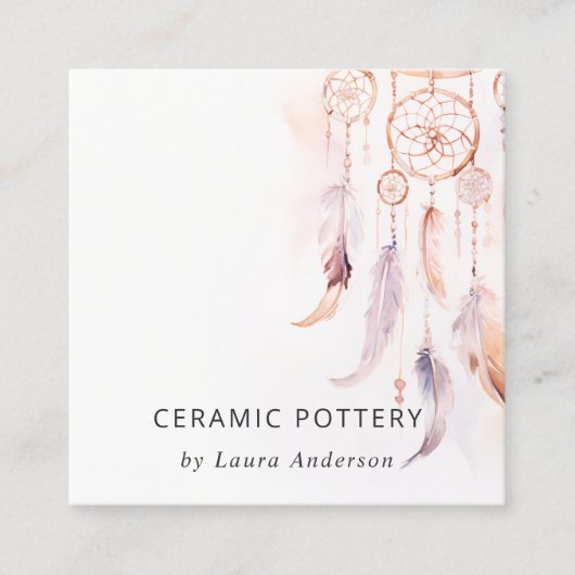 シックなBohoドリームキャッチャー水彩色QRコード スクエア名刺 (正面)