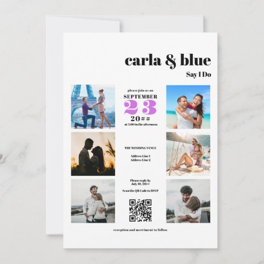 シックなInstagramフォトコラージュRSVP QRコード結婚ズ 招待状 (正面)