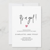 シックなIts a Girl Birth Announcement Tiny Pinkハート 招待状 (正面)