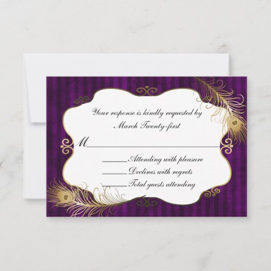 シックなMave & Golden Peacock Feather Wedding RSVP (正面)