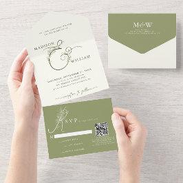 シックなMossグリーンフローラアンパサンドQRコー結婚ド オールインワン招待状