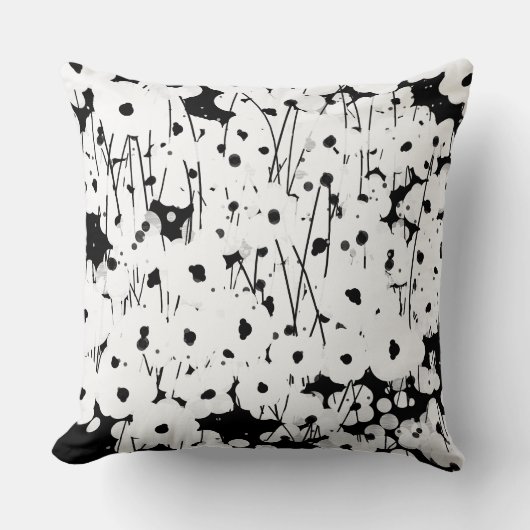 シックなPILLOW_COOLの黒のモダンで白い花柄 クッション (正面)