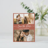 シックなTerracottaスクリプトフォトコラージュ日付を保存 案内ポストカード (スタンド正面)