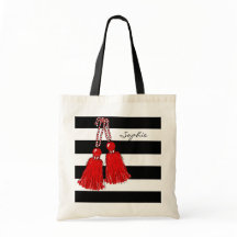 シックなTOTE_CHRISTMAS赤いTASSELS_BLACKは縞で飾ります