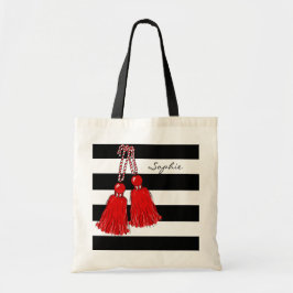 シックなTOTE_CHRISTMAS赤いTASSELS_BLACKは縞で飾ります トートバッグ