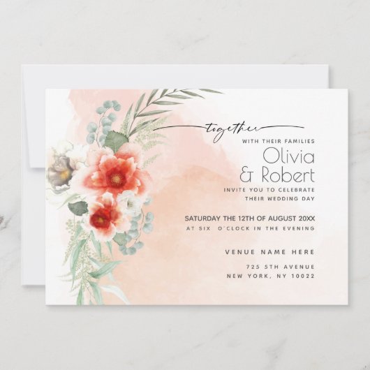 シックはっきりしたな水彩緋色サンゴ花 招待状 (正面)