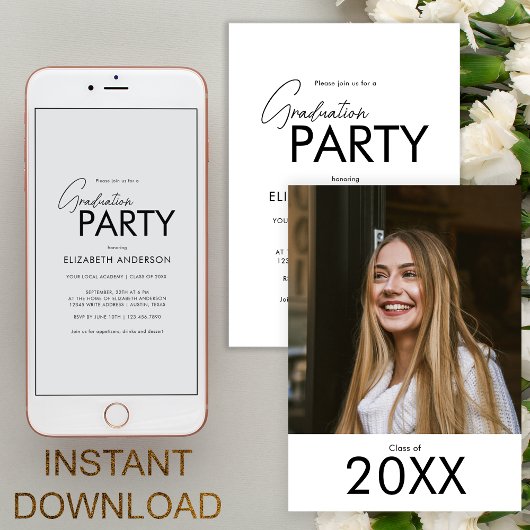 シックはっきりしたタイポグラフィ写真卒業パーティー 招待状