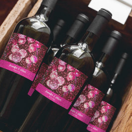 シックはっきりしたピンクグリッターレトロディスコボール結婚ズ ワインラベル