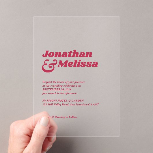 シックはっきりしたレトロホットピンクタイポグラフィ結婚ズ アクリル招待状 (インサイチュ (ポータブル))