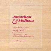 シックはっきりしたレトロホットピンクタイポグラフィ結婚ズ アクリル招待状 (正面)