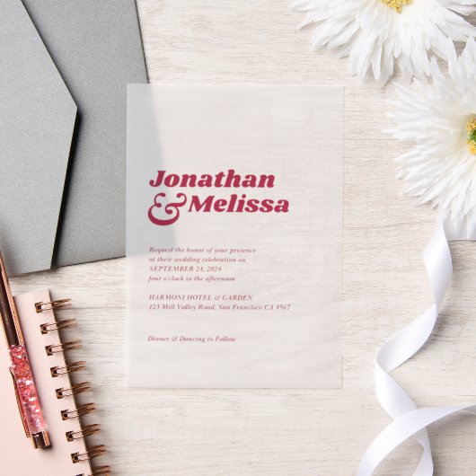 シックはっきりしたレトロホットピンクタイポグラフィ結婚ズ ベラム紙招待状 (ウェディング)