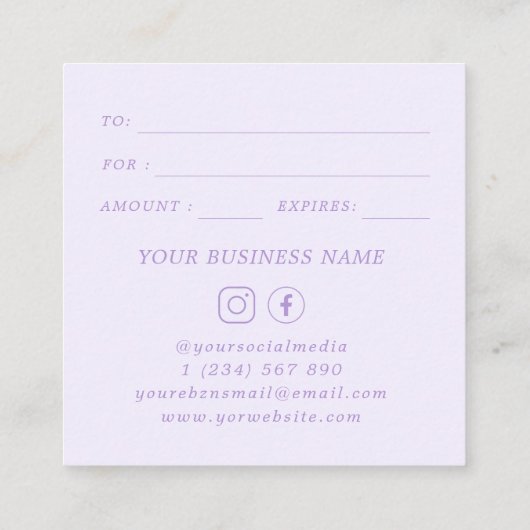 シックはっきりした薄紫ラベンダービジネスギフト証明書 割引カード (裏面)