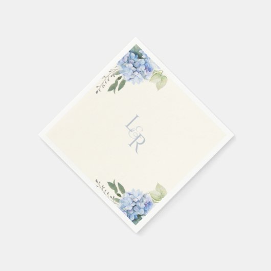 シックアイボリークリーム&ブルーアジサイ結婚ズ スタンダードカクテルナプキン (角)