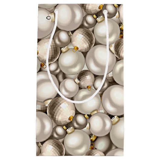 シックアイボリーシルバー金ゴールドバウブルオーナメントパターン スモールペーパーバッグ (正面)