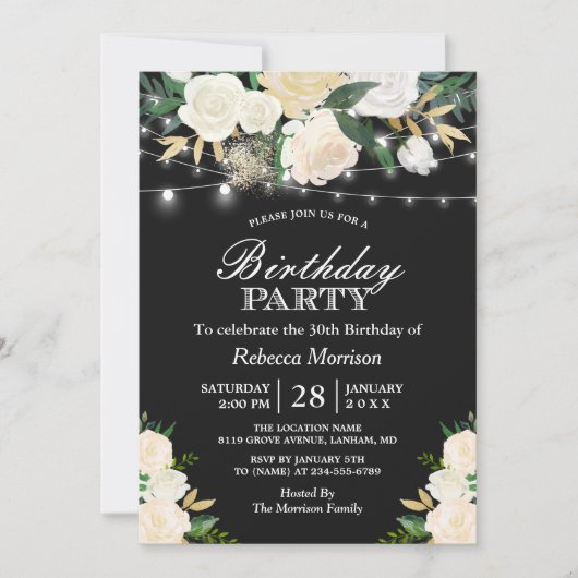 シックアイボリーフローラストリングライツバースデーパーティー 招待状 (正面)