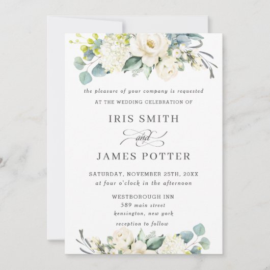 シックアイボリーホワイトフローラグリーナリー結婚ズ 招待状 (正面)