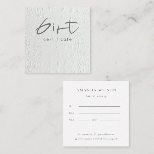 シックアイボリーホワイトレザーテクスチャギフト証明書 スクエア名刺 (正面/裏面)