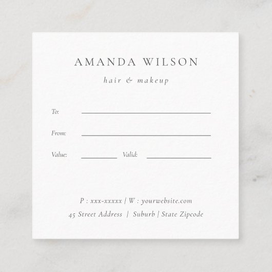 シックアイボリーホワイトレザーテクスチャギフト証明書 スクエア名刺 (裏面)