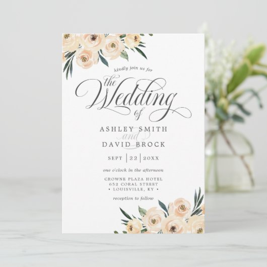 シックアイボリーホワイトローズ結婚フローラ 招待状 (スタンド正面)