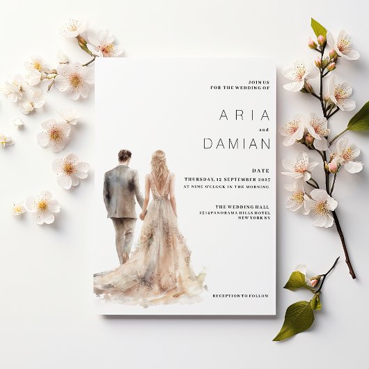 シックアイボリー金ゴールドグレーフローラカップル結婚写真 招待状