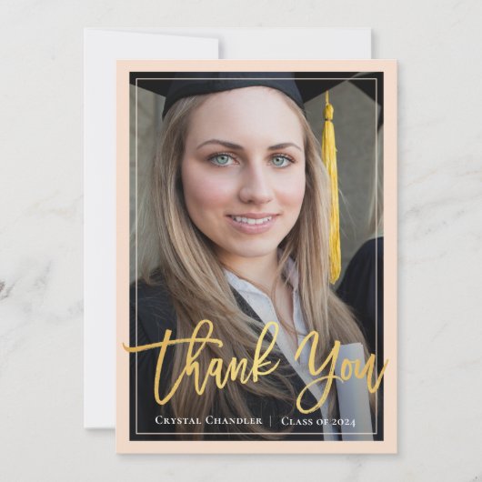 シックアイボリー金ゴールドスクリプト卒業写真ありがとう 案内状 (正面)