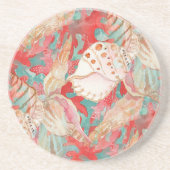 シックアクアターコイズコーラルレッドシーシェルズパターン コースター (正面)