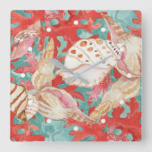 シックアクアターコイズコーラルレッドシーシェルズパターン スクエア壁時計 (正面)