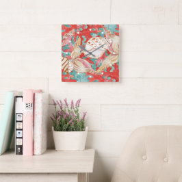 シックアクアターコイズコーラルレッドシーシェルズパターン スクエア壁時計