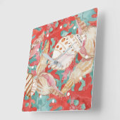 シックアクアターコイズコーラルレッドシーシェルズパターン スクエア壁時計 (傾斜)