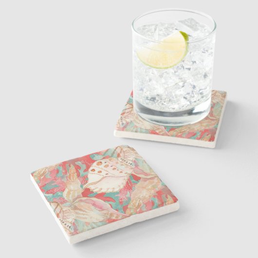 シックアクアターコイズコーラルレッドシーシェルズパターン ストーンコースター (横)