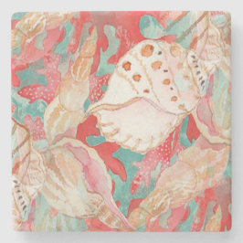 シックアクアターコイズコーラルレッドシーシェルズパターン ストーンコースター