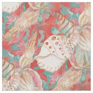 シックアクアターコイズコーラルレッドシーシェルズパターン ファブリック