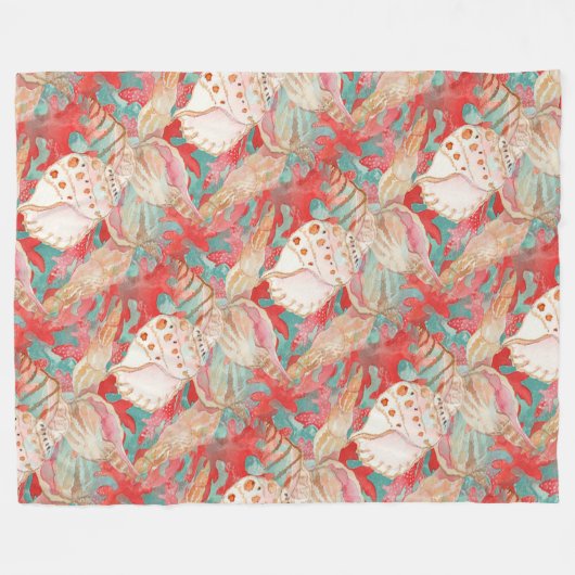シックアクアターコイズコーラルレッドシーシェルズパターン フリースブランケット (正面(横))