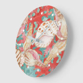 シックアクアターコイズコーラルレッドシーシェルズパターン ラージ壁時計 (傾斜)