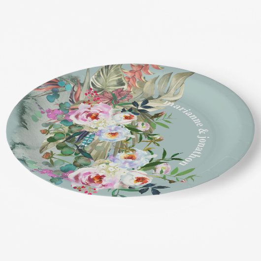 シックアクアマリンパーソナライズされたフローラユーカリ ペーパープレート (アングル)