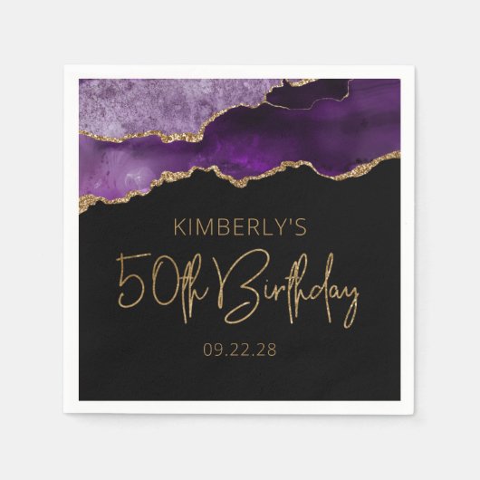 シックアゲートゲードパープル金ゴールド50th誕生日 スタンダードカクテルナプキン (正面)