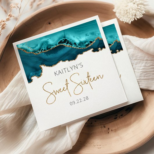 シックアゲートティール(緑がかった色)ブルー金ゴールドスウィート16誕生日 スタンダードカクテルナプキン